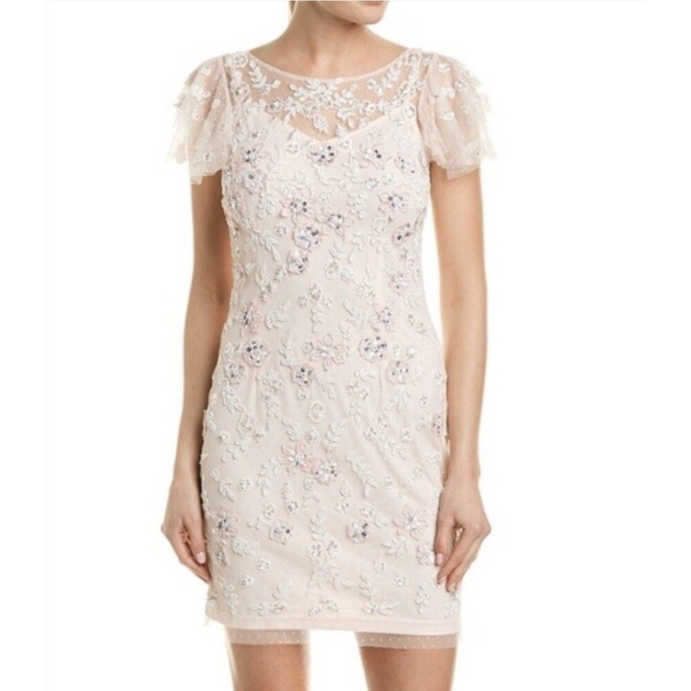 Aidan Mattox Sz 2 Mauve Pink Mini Dress Flowers Sequins Beaded Wedding Guest